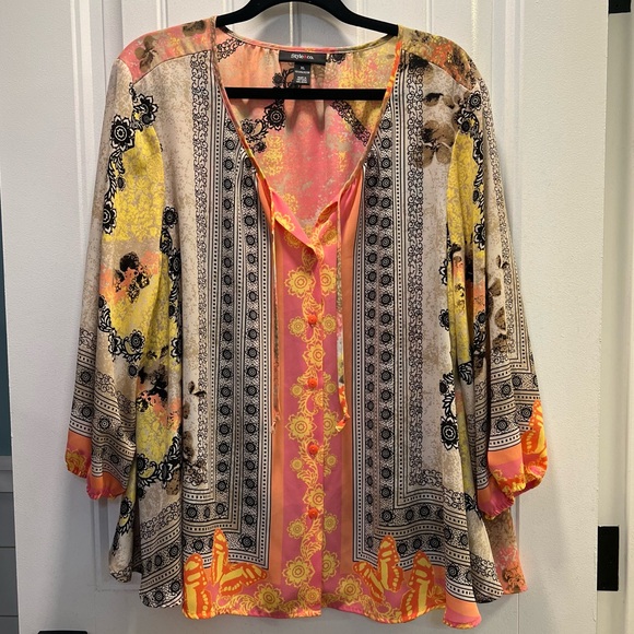 Style & Co. Peach Tan Elastic Hem Long Sleeve Button Front Blouse. Size XL. - Picture 1 of 11